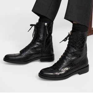 Theory Laced Combat Boot in Crocodile Print Leather
